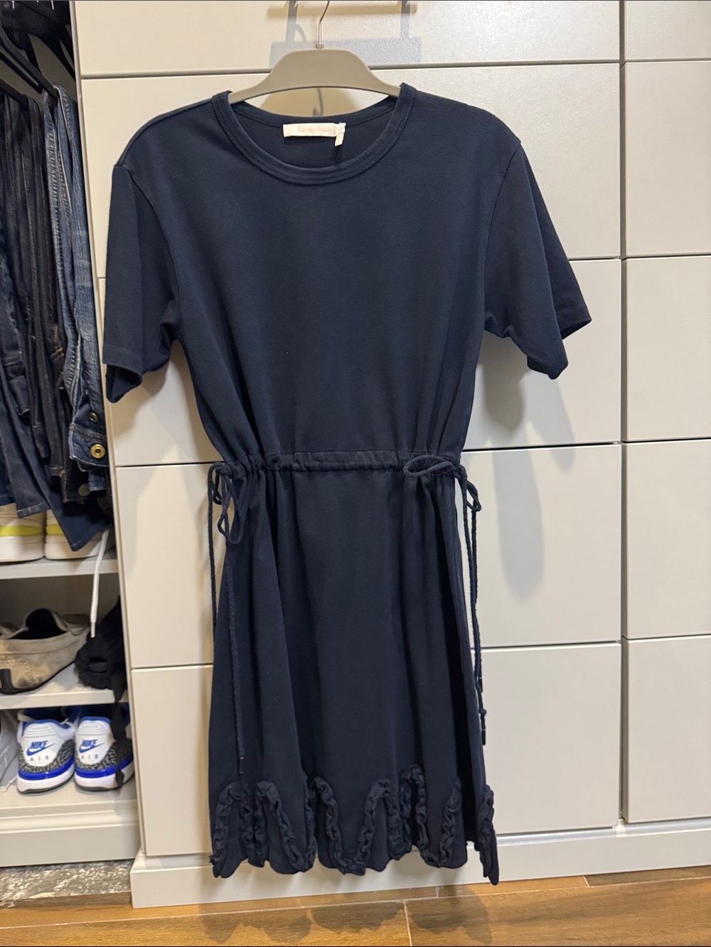See By Chloe Navy Short-Sleeve Tie-Waist Casual Dress